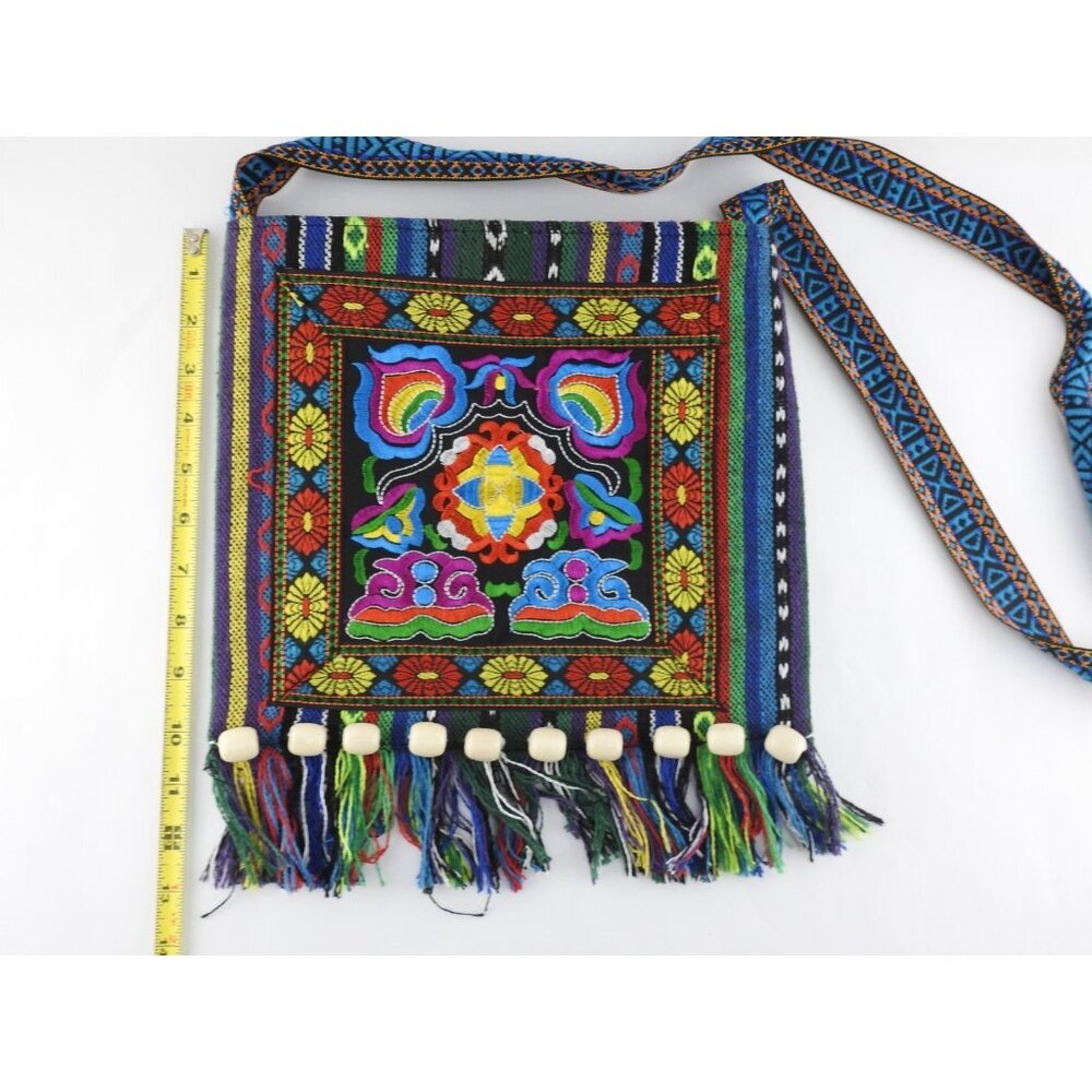 Boho Ethnic Embroidered Crossbody Bag Festival Hippie Purse Fringe Strap Tribal - Picture 7 of 8